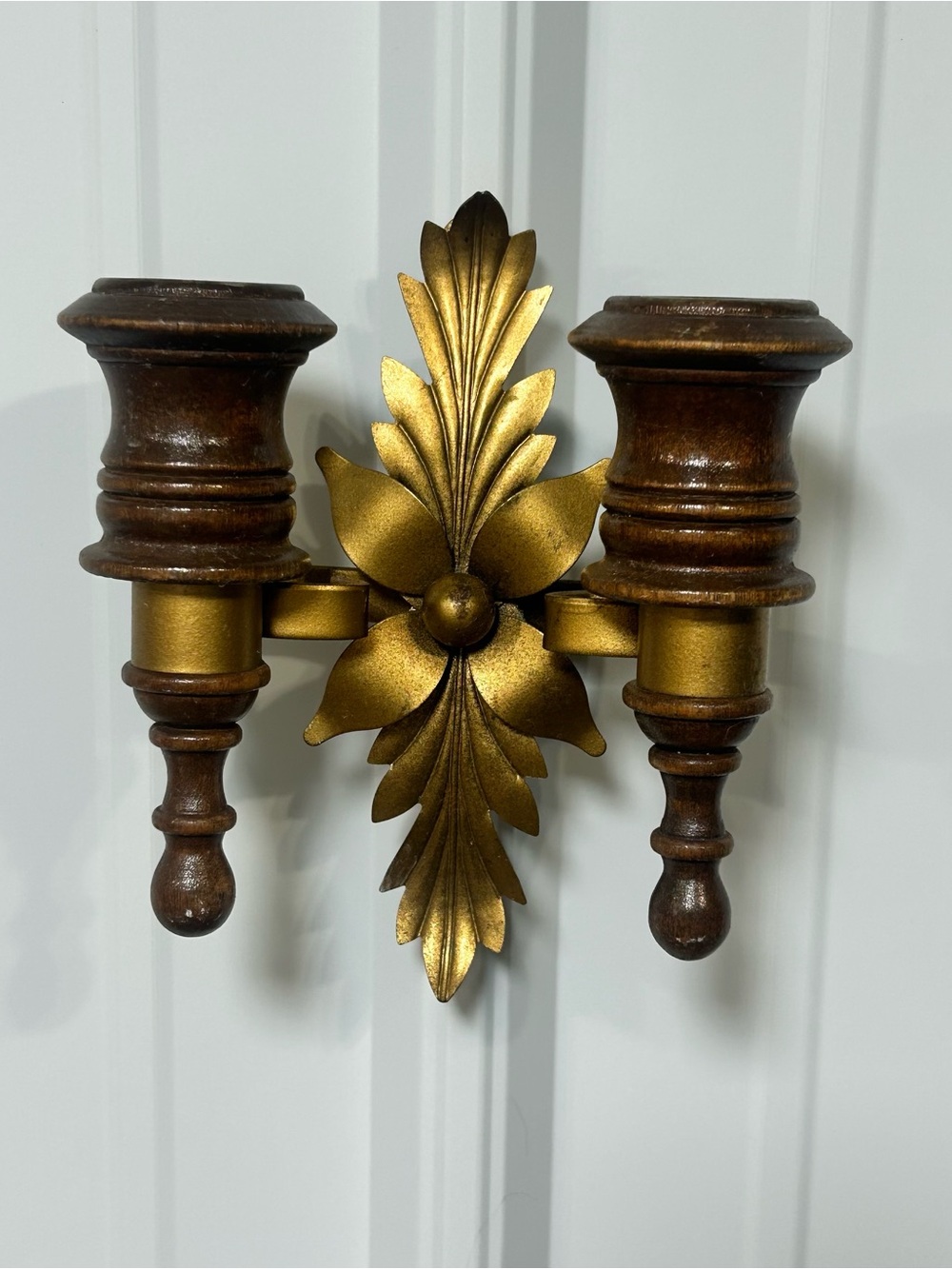 Vtg Hollywood Regency Metal and Wood Taper Candle Holders Wall Decor